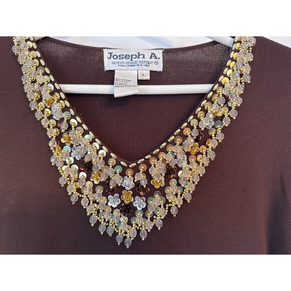 Joseph A. Brown Knit Top L Embellished V-Neckline 3/4 Sleeve Stretch Christmas - Picture 3 of 6